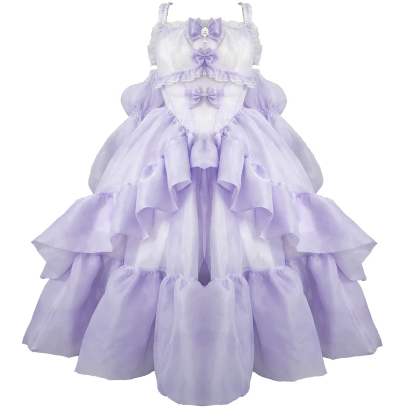 Lavender dress with ruffled layers on a white background
