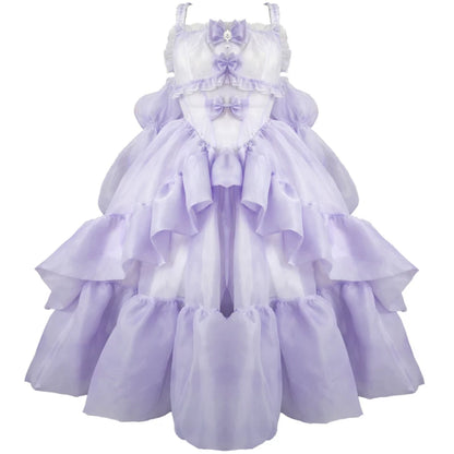 Lavender dress with ruffled layers on a white background