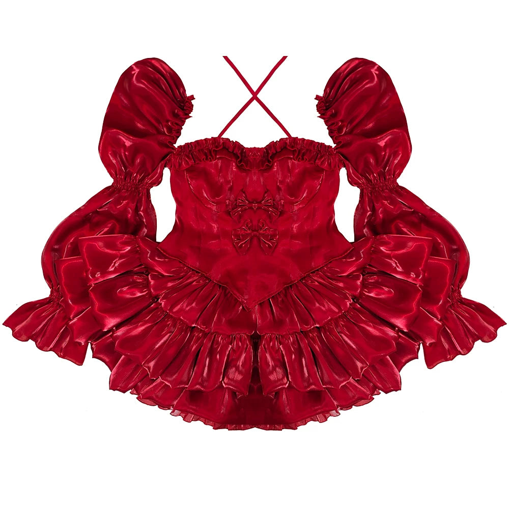 Red velvet dress with ruffled details on a white background