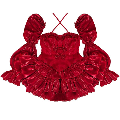 Red velvet dress with ruffled details on a white background