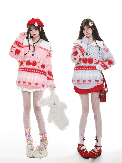 Two people wearing matching outfits with red and white patterns on a white background