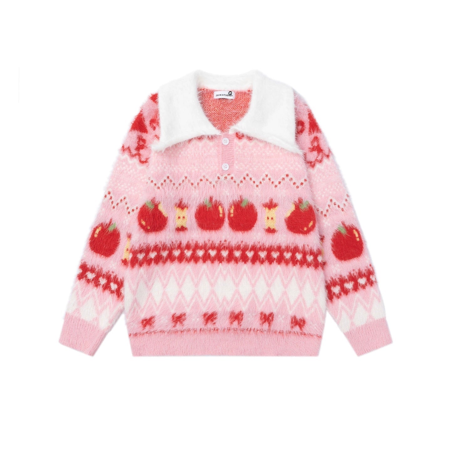 Pink sweater with red apple pattern on a white background