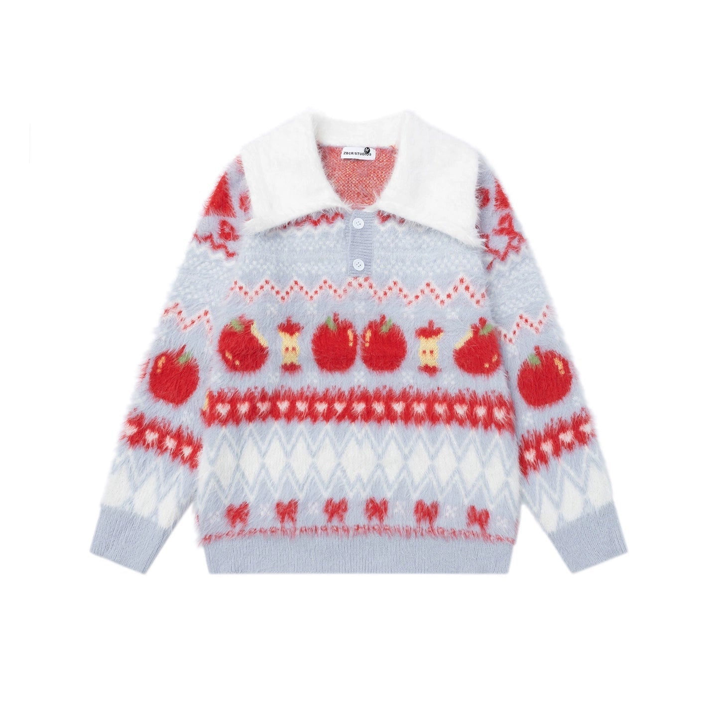 Knitted sweater with red and white pattern on a white background.