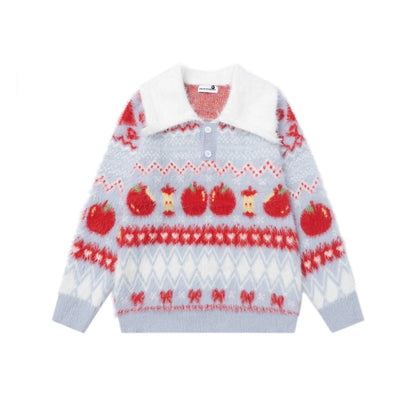 Knitted sweater with red and white pattern on a white background.