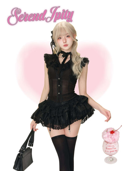 black top with ruffles and silver rose buttons, paired with lace skirt