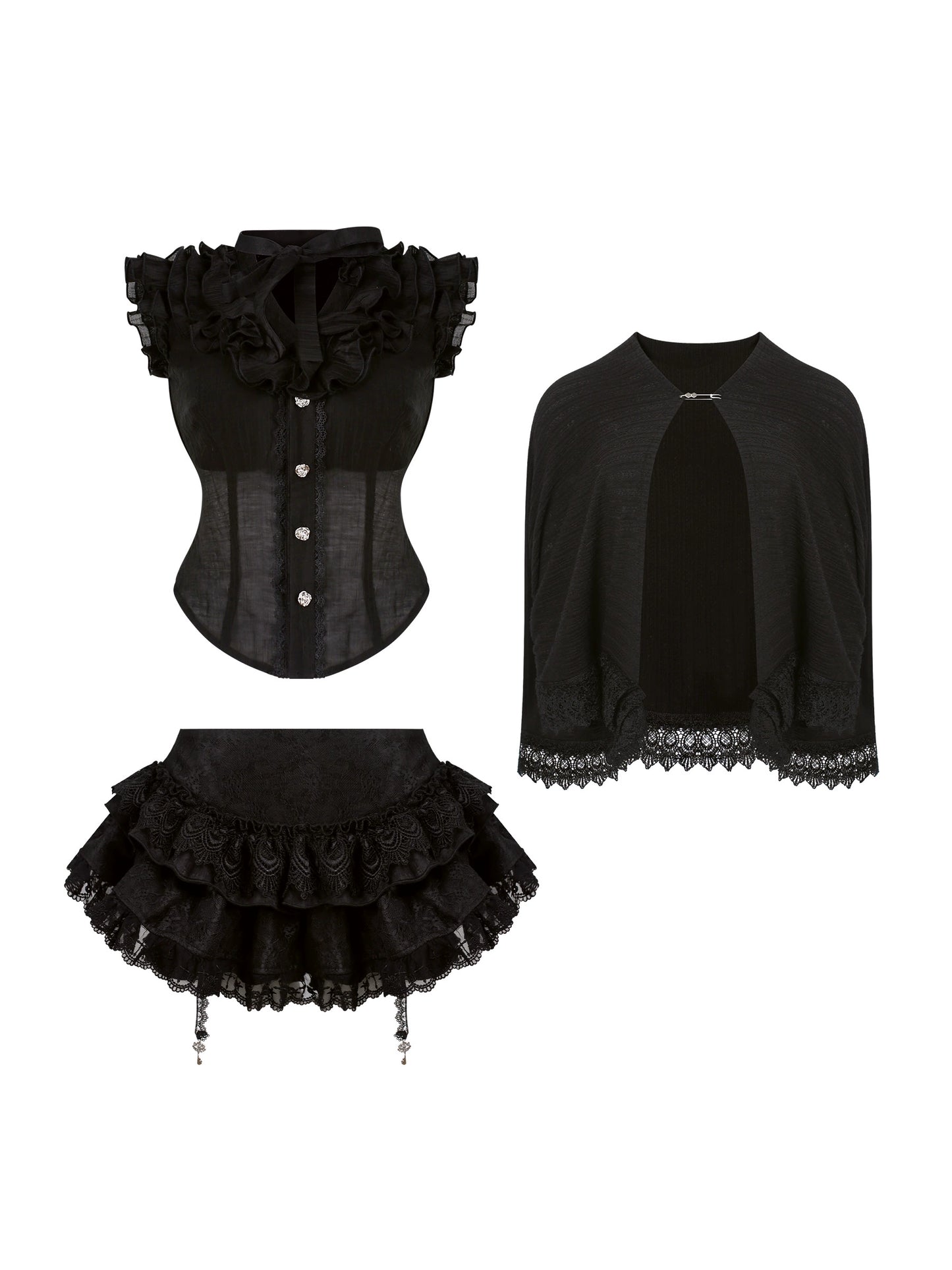 Black corset, jacket, and skirt set on a white background