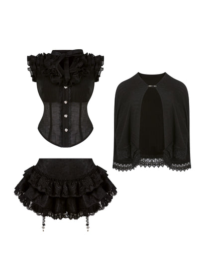 Black corset, jacket, and skirt set on a white background