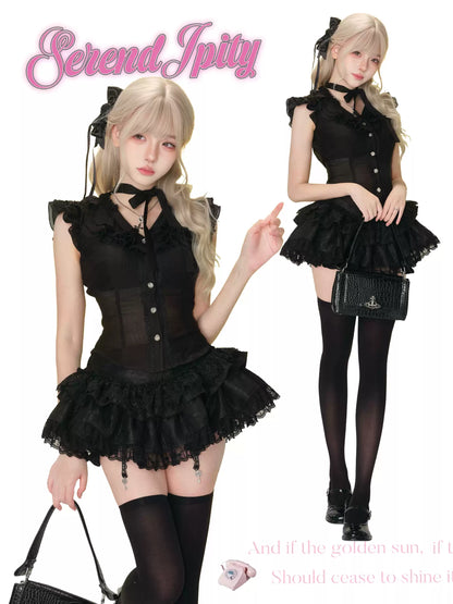 V-neck top with ruffles and rose buttons, gothic lace skirt with hanging keys