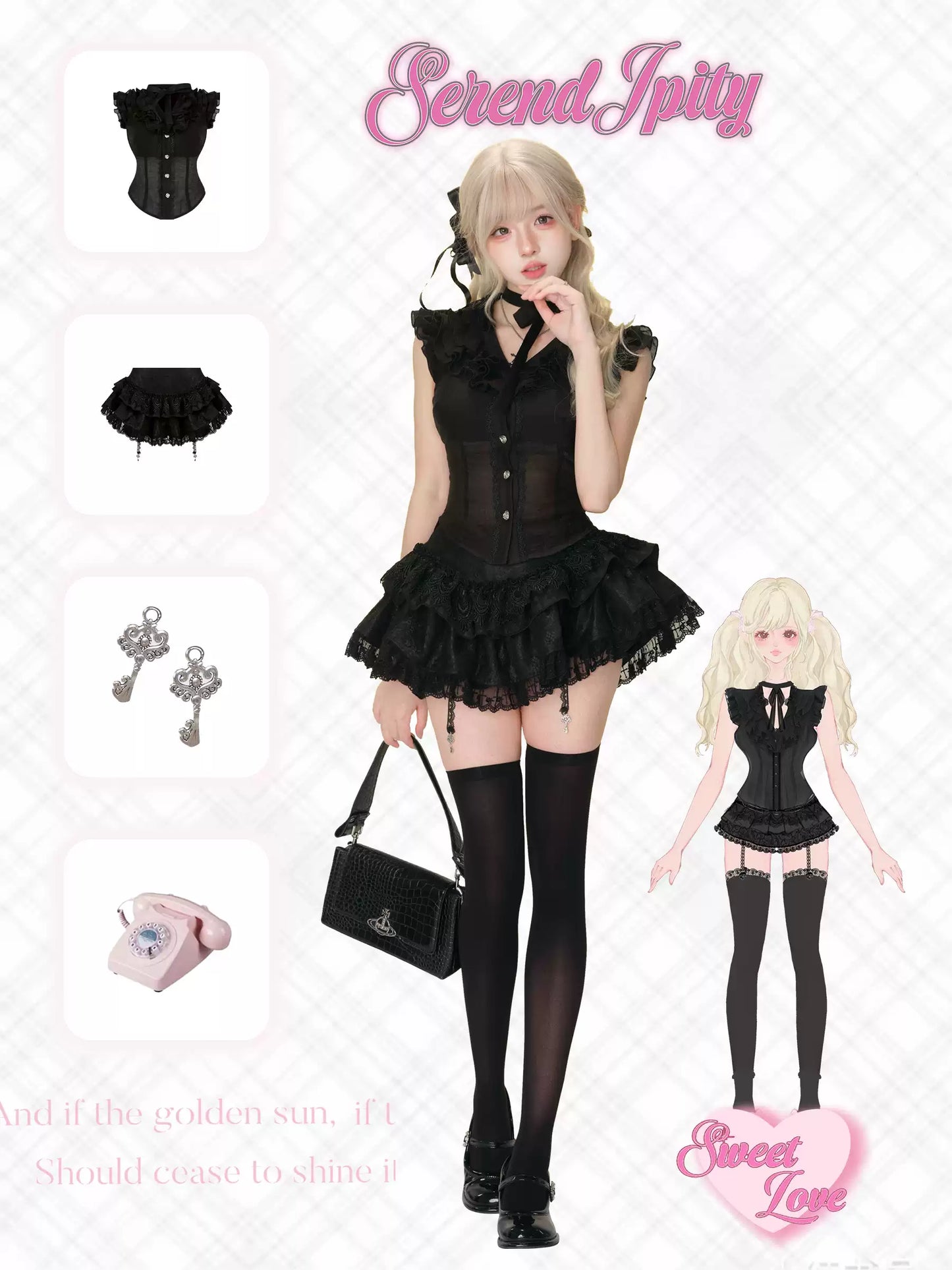 dark coquette look with black ruffled top and lace skirt