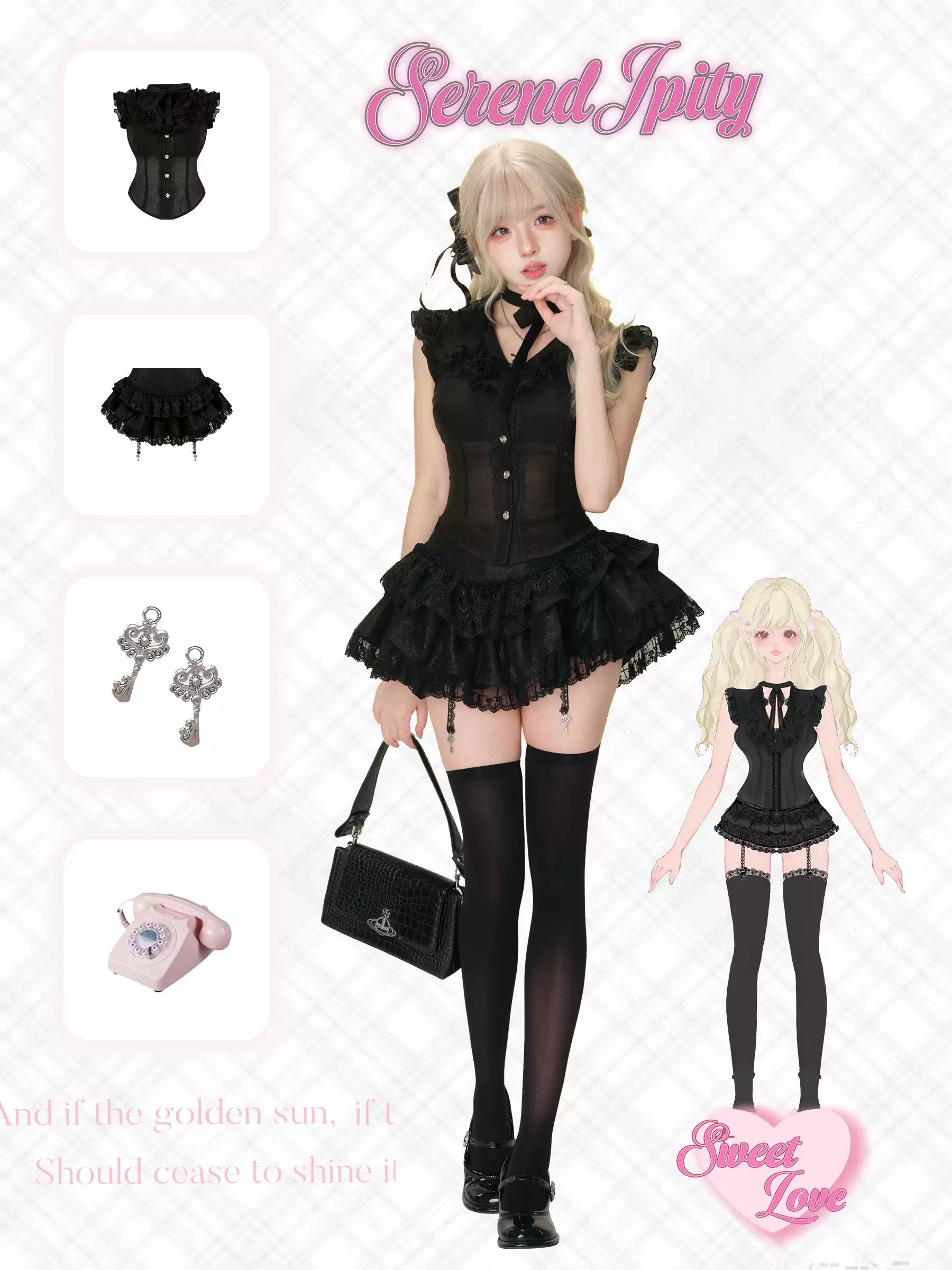 dark coquette look with black ruffled top and lace skirt