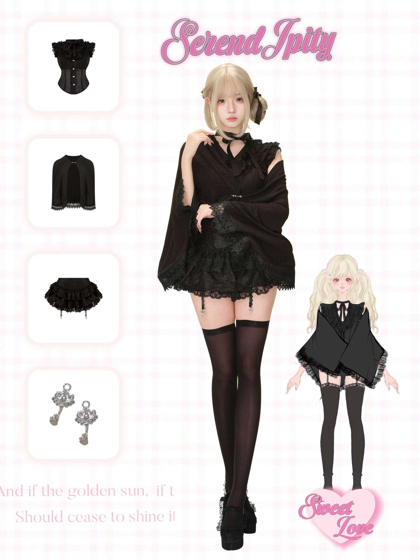 Black outfit with accessories on a white background.