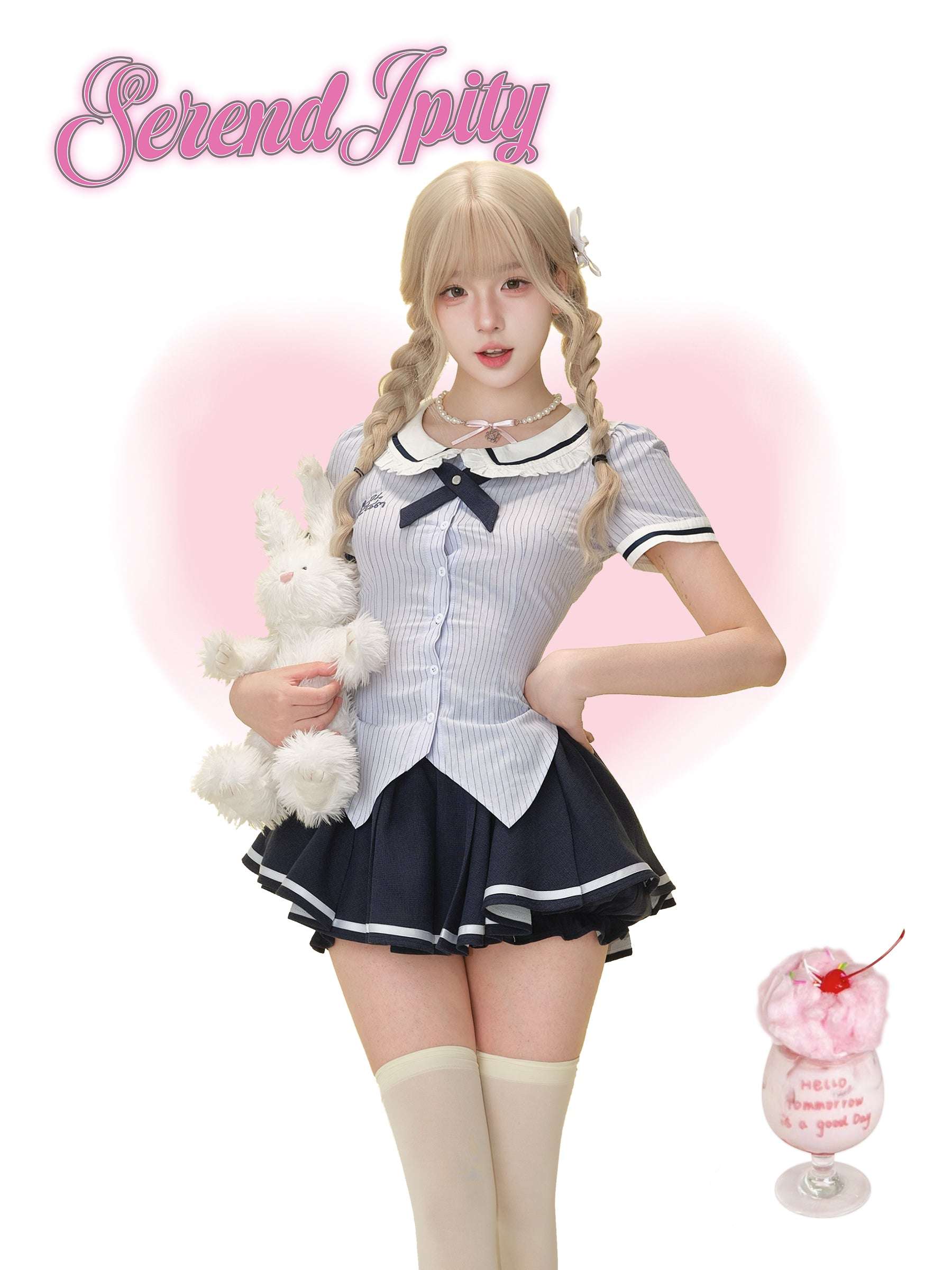 cute blue striped top paired with navy skirt with elastic waist