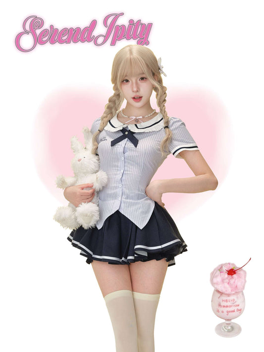 cute blue striped top paired with navy skirt with elastic waist