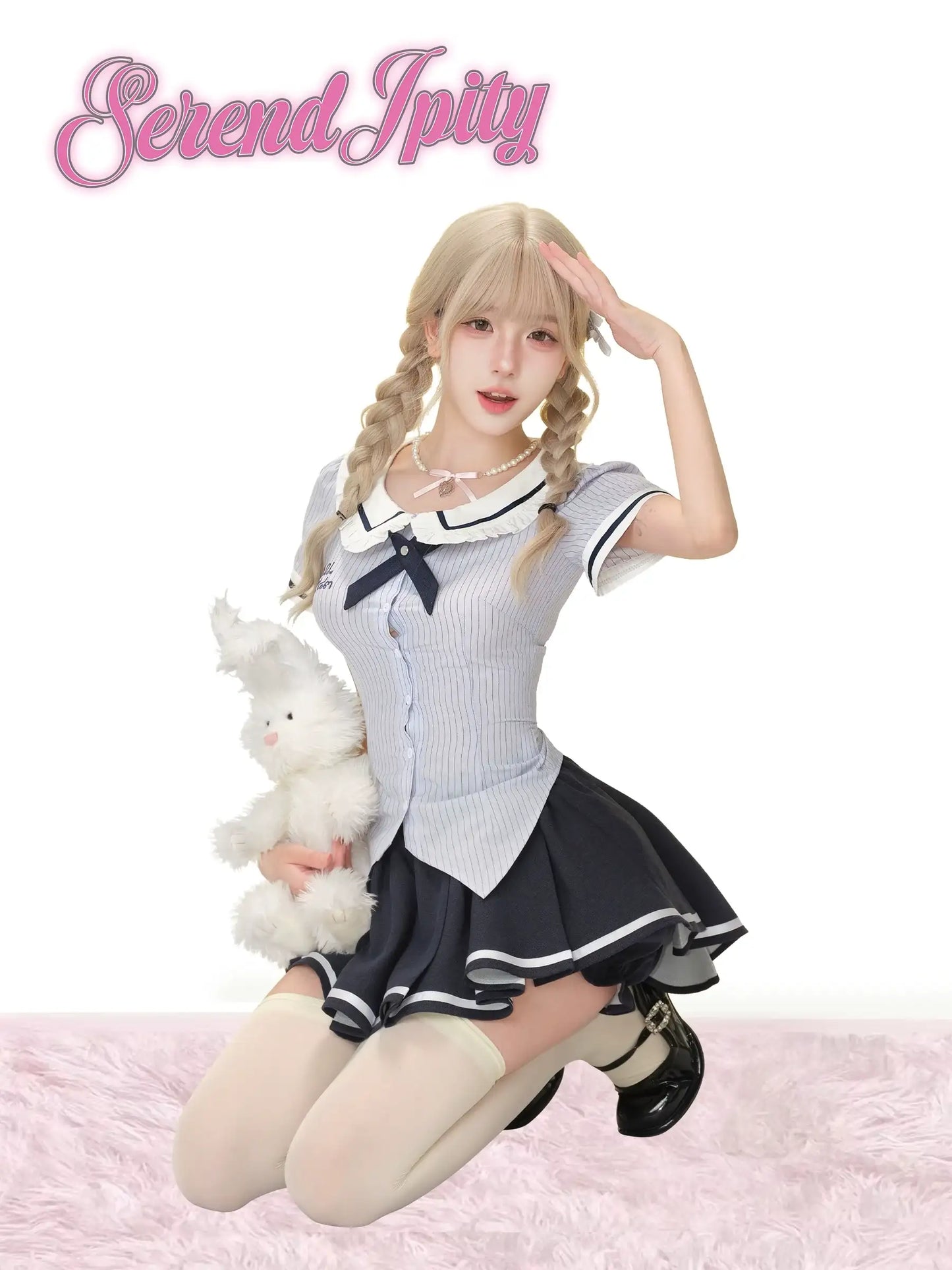 navy skirt with elastic waist and cute blue striped top