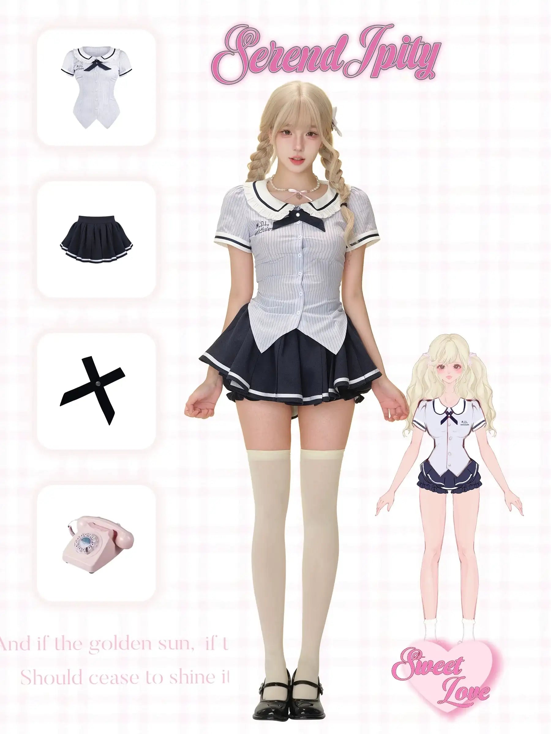 youthful and cute two-piece set with striped blue top and navy skirt