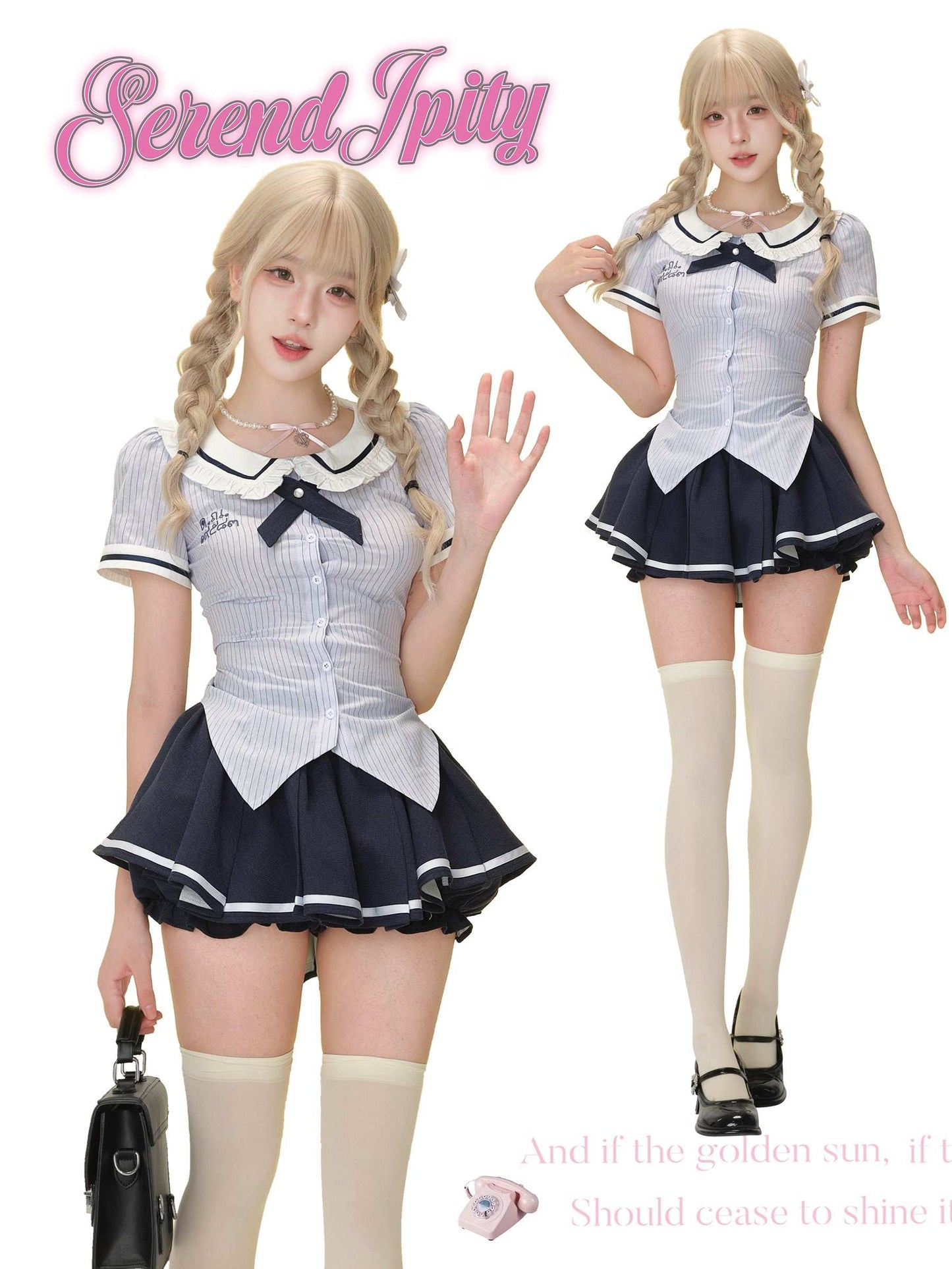 school uniform-inspired navy skirt and striped top set