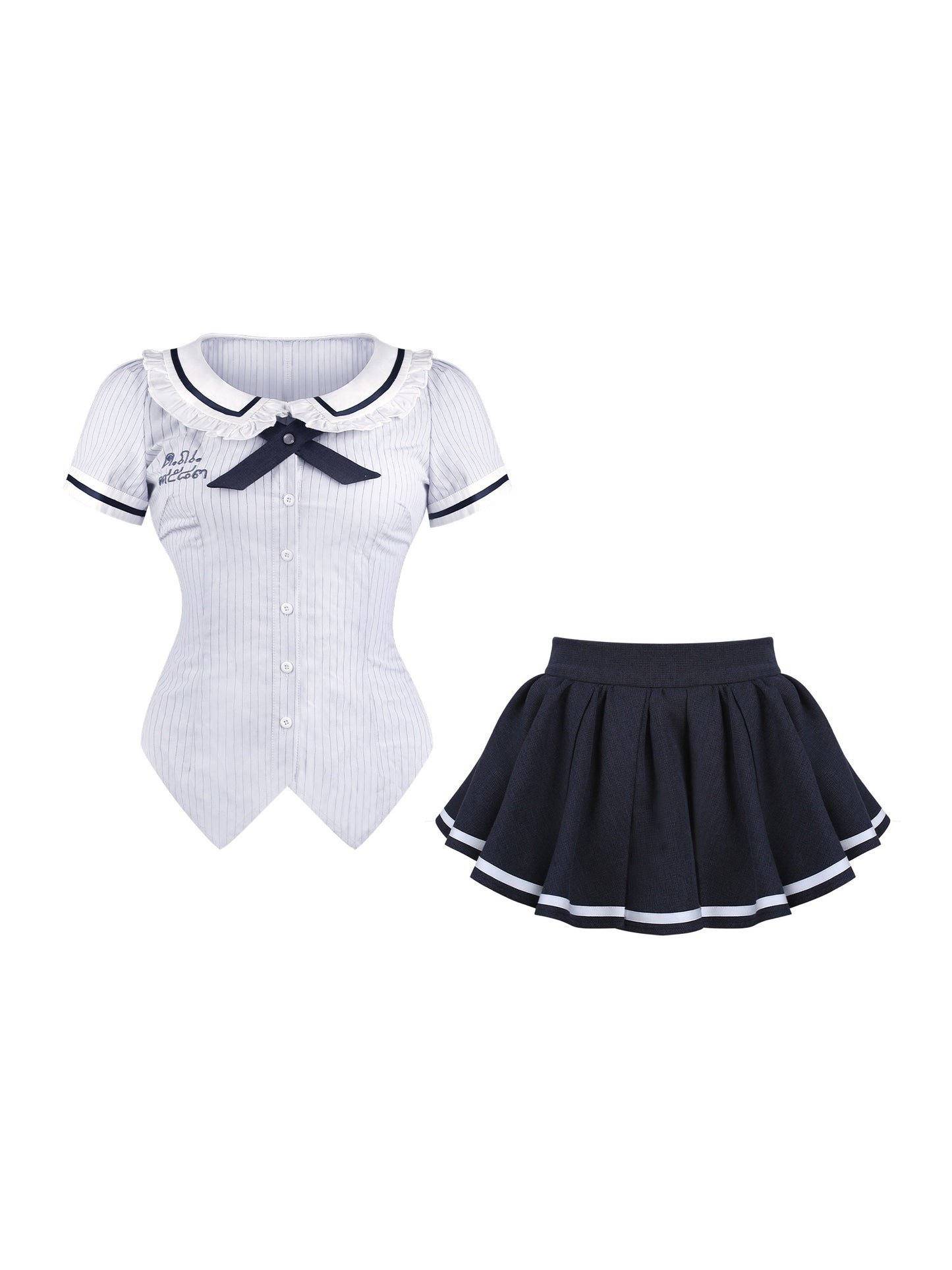 School uniform set with white top and navy pleated skirt on a white background