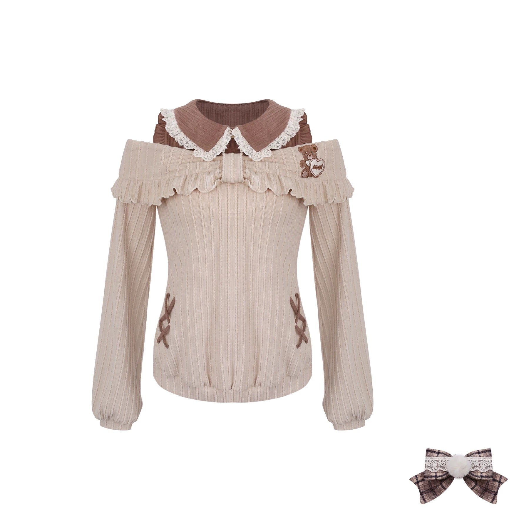 Beige blouse with floral details and a matching hair bow on a white background