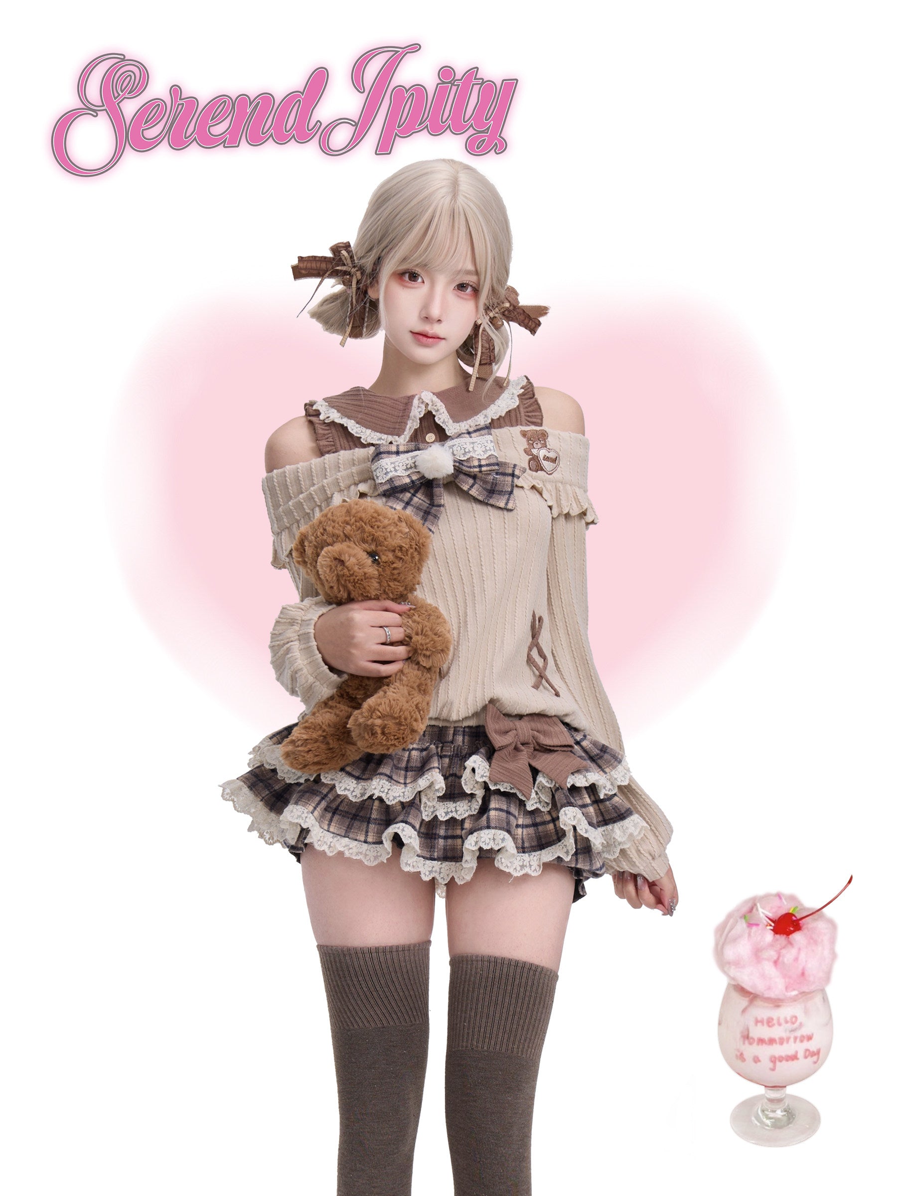 Person wearing a cute outfit with a teddy bear, holding a pink dessert, on a white background