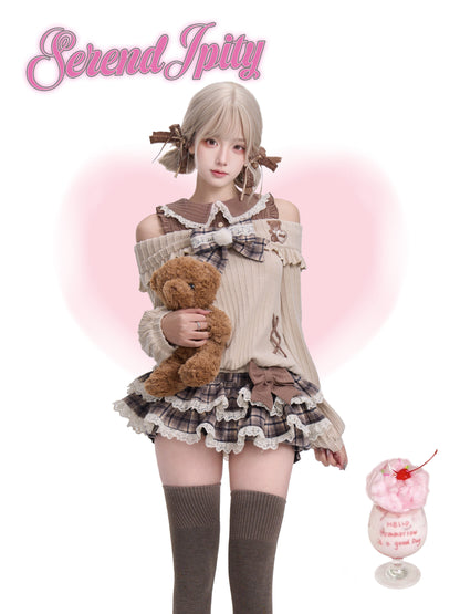 Person wearing a cute outfit with a teddy bear, holding a pink dessert, on a white background