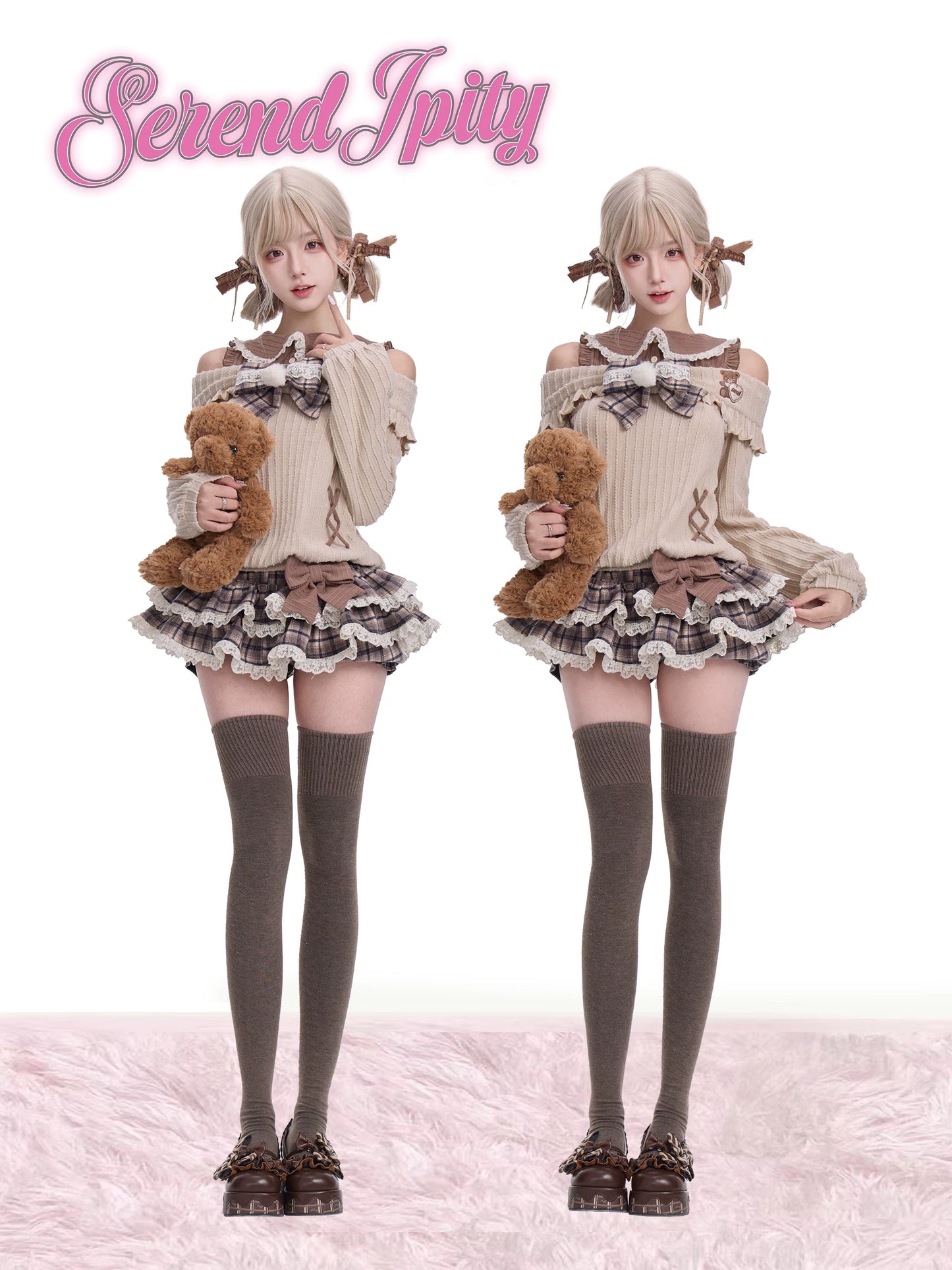 Serendipity Bear Mousse Beige Sweater Brown Plaid Skirt Two Piece Set