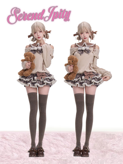 Serendipity Bear Mousse Beige Sweater Brown Plaid Skirt Two Piece Set