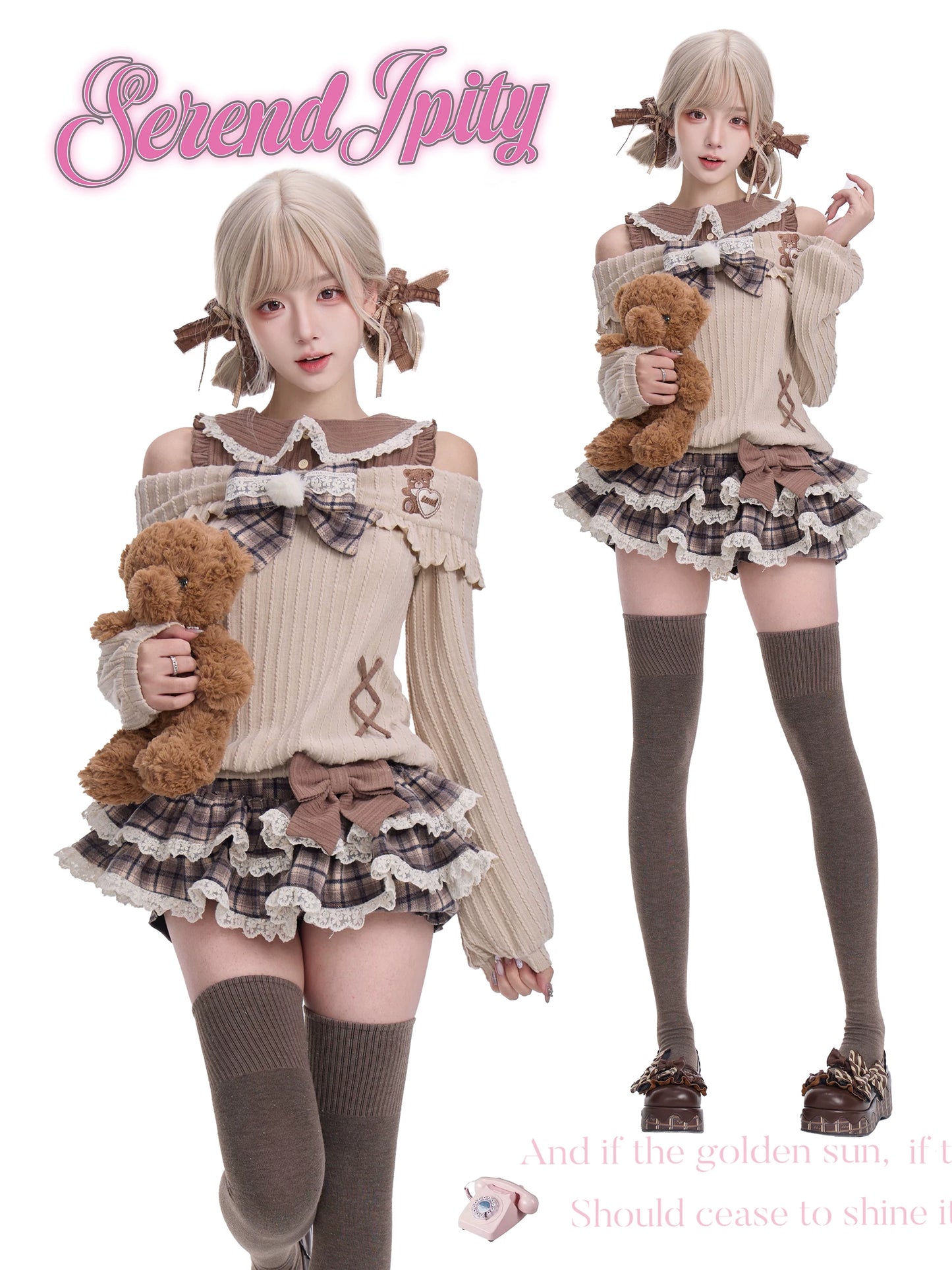 Person wearing a cute outfit with a teddy bear, holding a teddy bear, and standing against a white background.