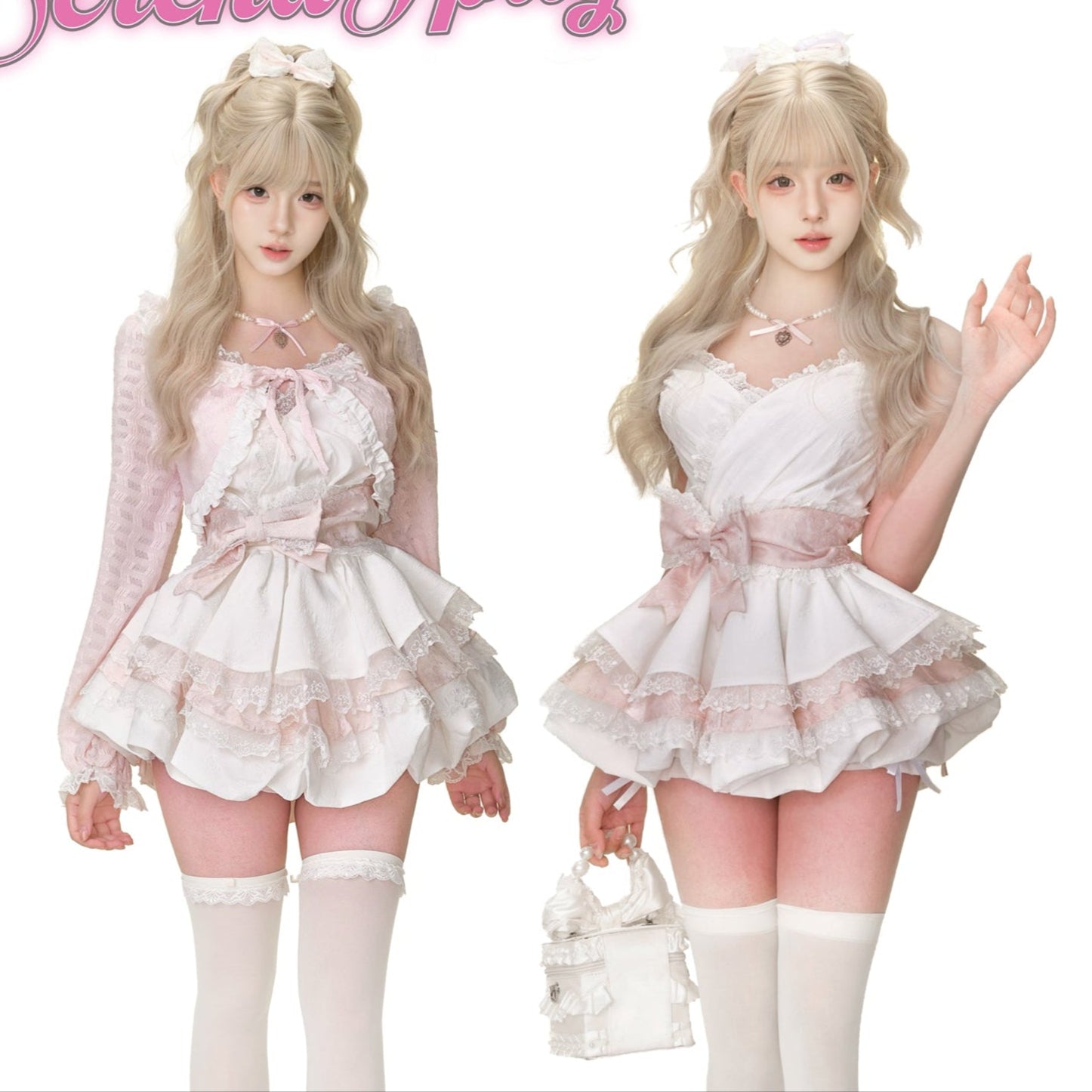 Two women in matching white outfits with pink accents, standing on a pink surface.