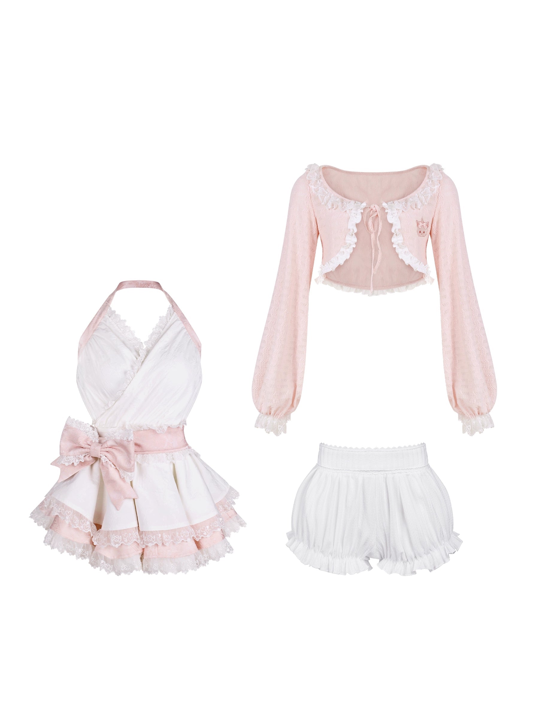Set of pink and white children's clothing items including a top, skirt, shorts, and headband on a white background.