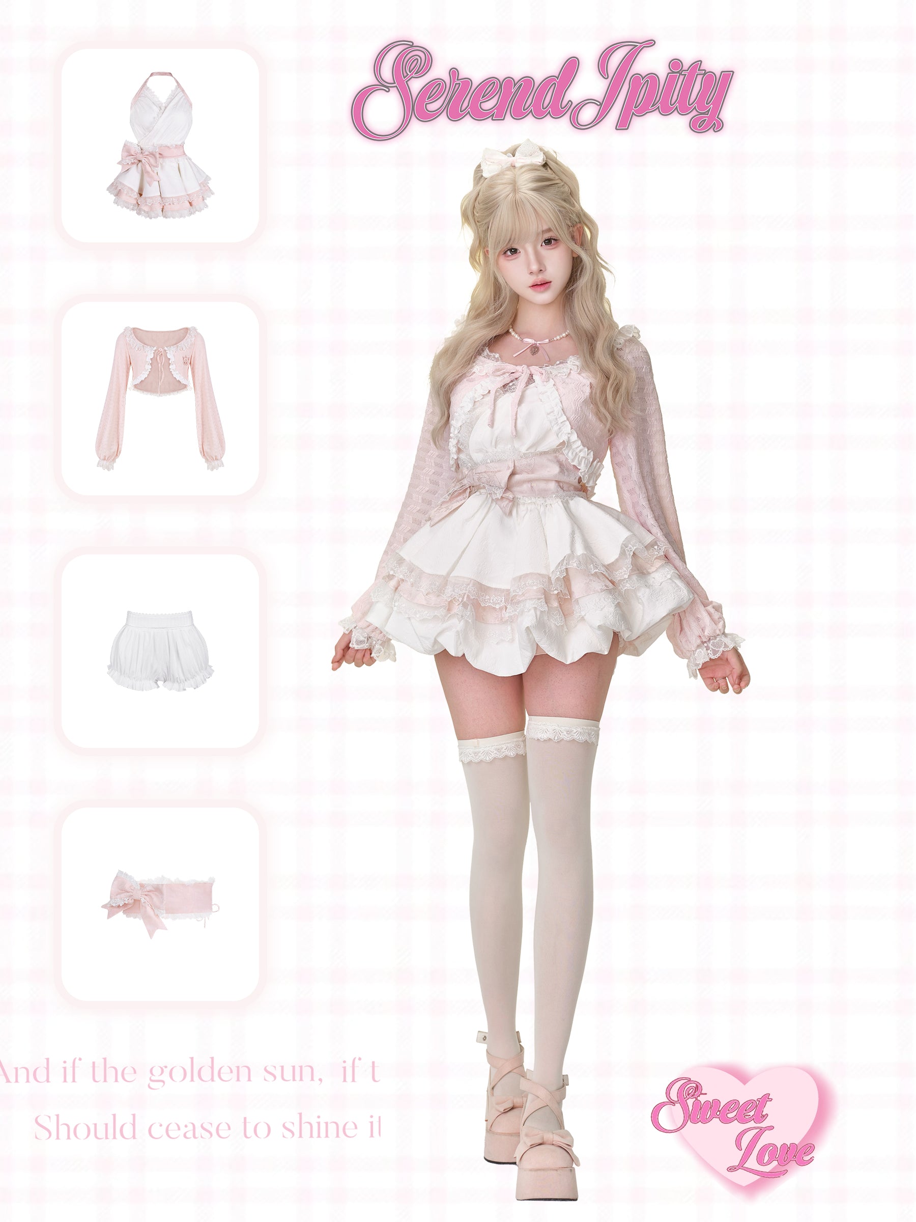 Woman wearing a white lace outfit with matching accessories.