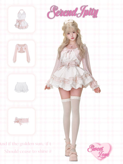 Woman wearing a white lace outfit with matching accessories.