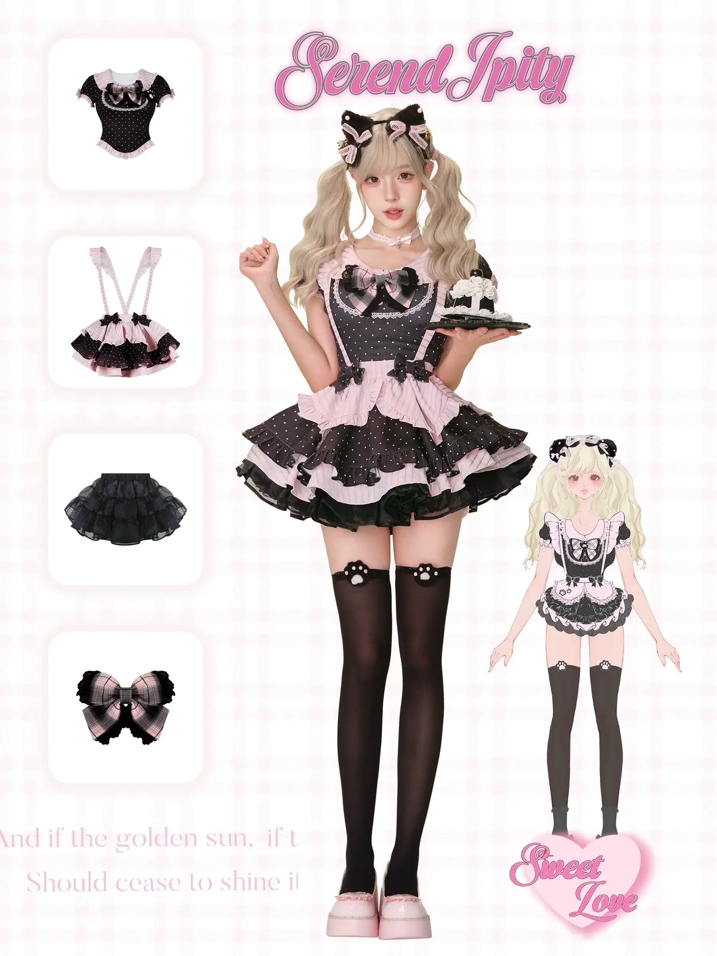 cute black and pink maid set with ruffles, bows, and polka dots