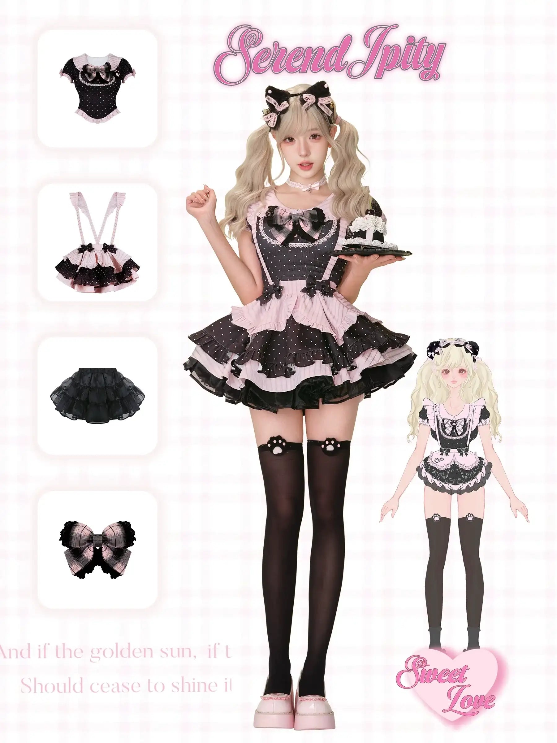 cute black and pink maid set with ruffles, bows, and polka dots