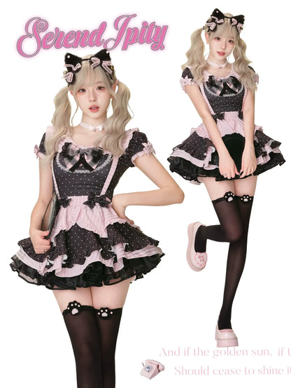 apron-style skirt with suspender straps and pink edges, complete with fluffy petticoat