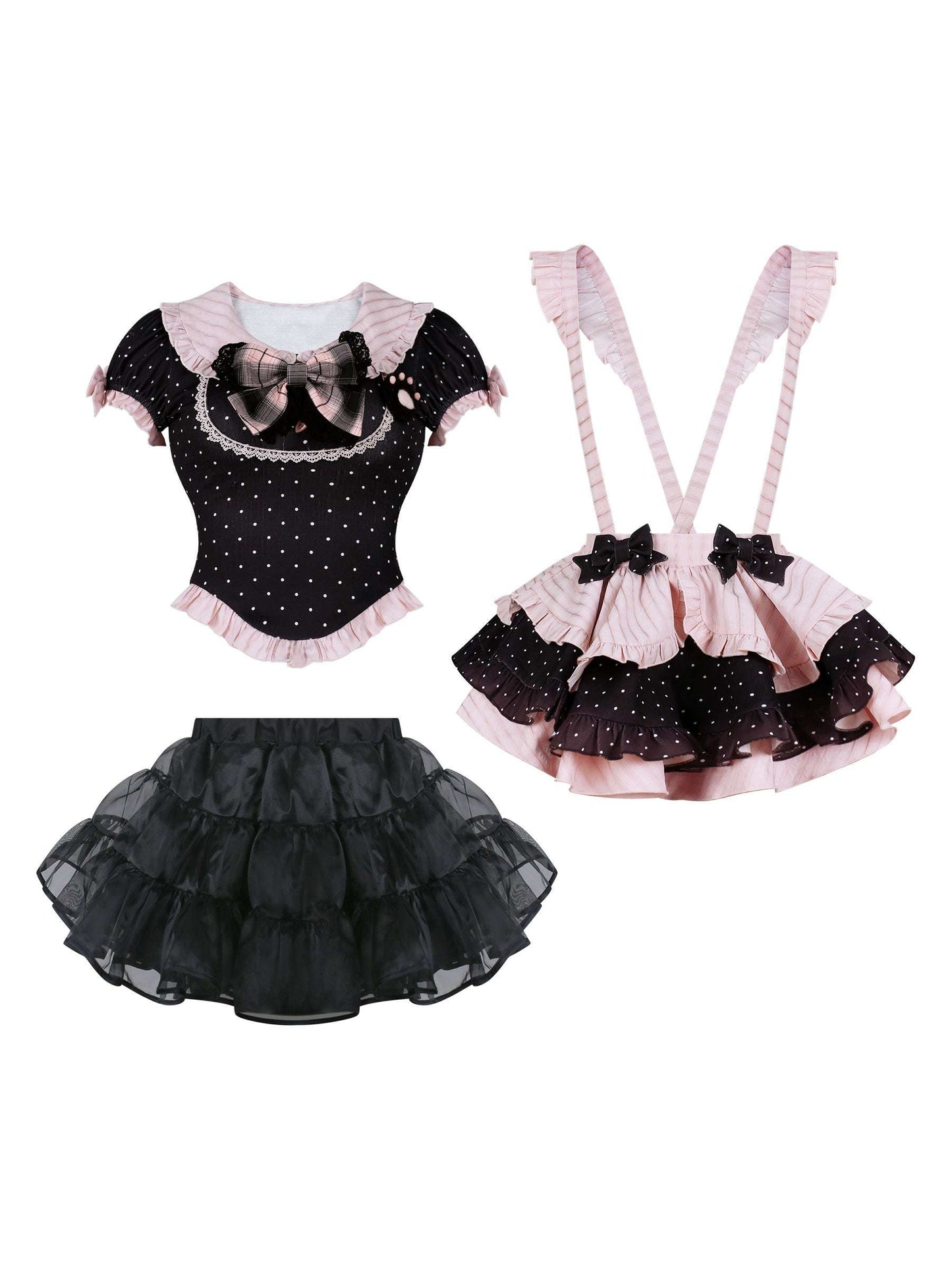 Black and pink ballet outfit with tutu and suspenders on a white background