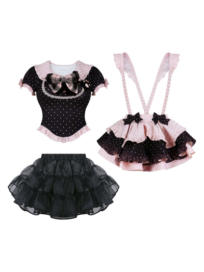 Black and pink ballet outfit with tutu and suspenders on a white background