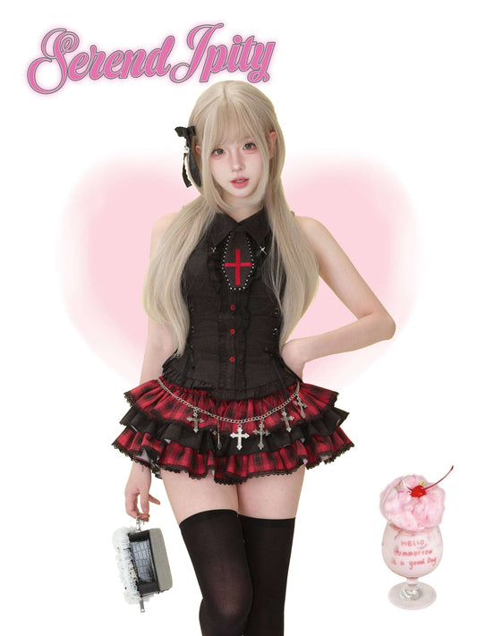 black sleeveless cami vest with pointed collar and red cross accent