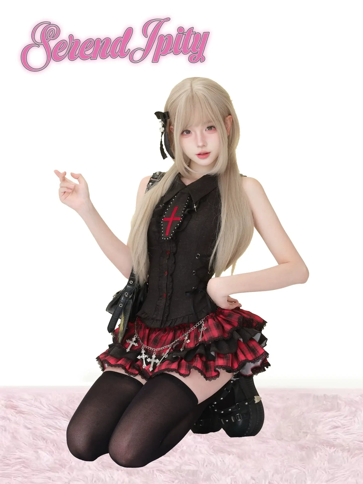 gothic two-piece set featuring blood cross and layered tulle skirt