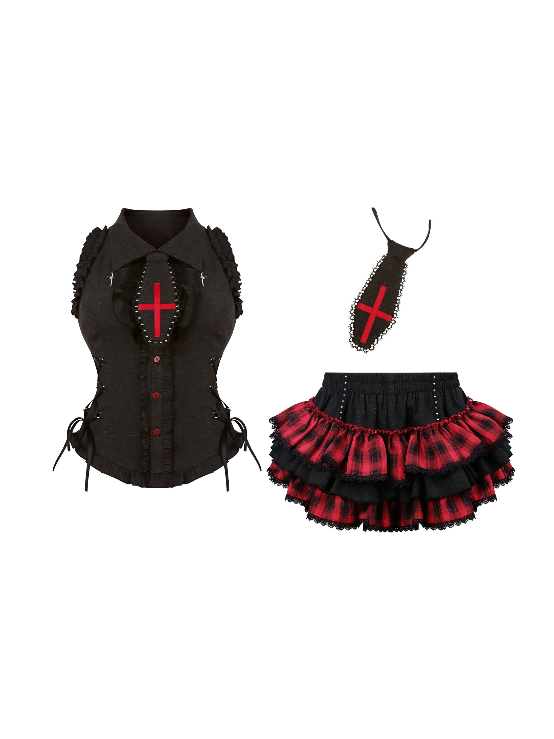 close-up of vest’s red cross appliqué and collar detail