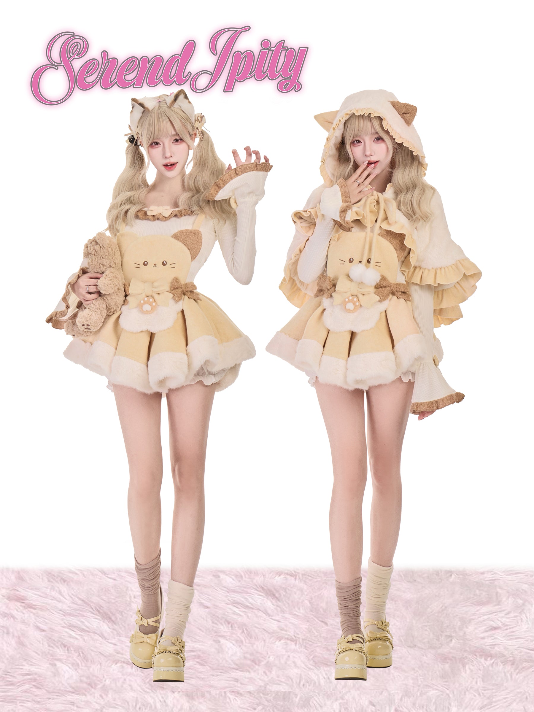 Two people wearing cute matching outfits with 'Serendipity' branding on a white background.