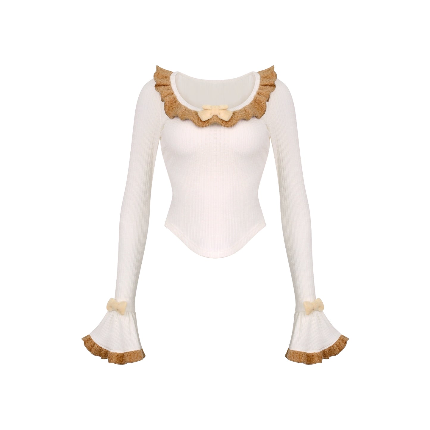 White long-sleeve top with brown trim on a white background