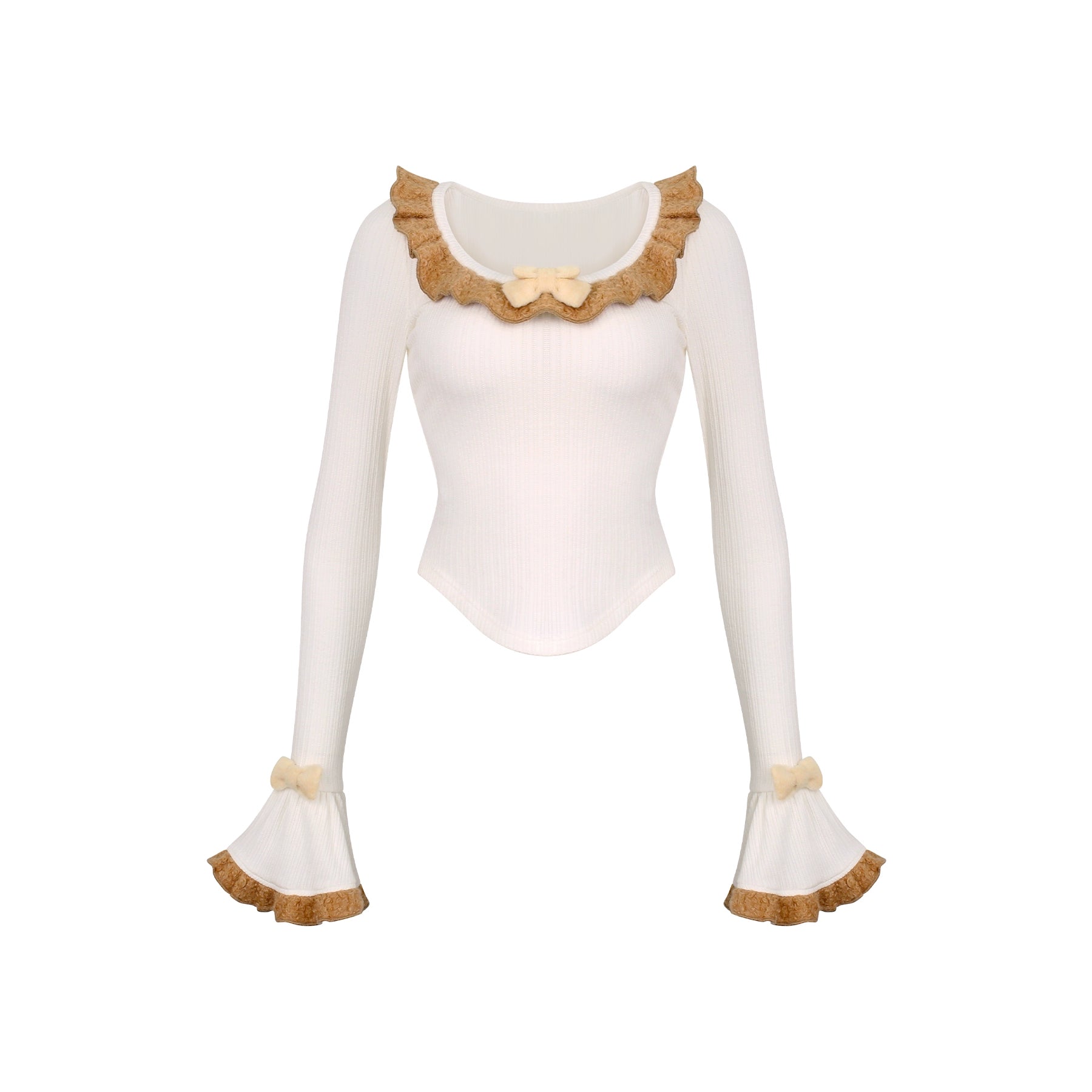 White long-sleeve top with brown trim on a white background