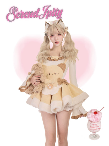 Person in a cute outfit with cat ears and a fluffy bag, holding a pink drink with a cherry on top, against a white background.