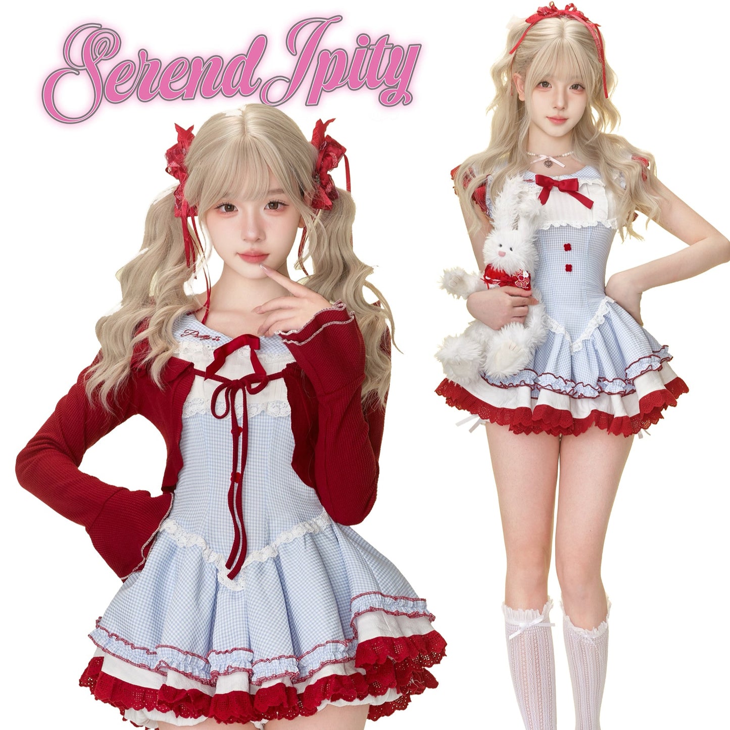 Two people wearing a matching outfit with red and blue colors