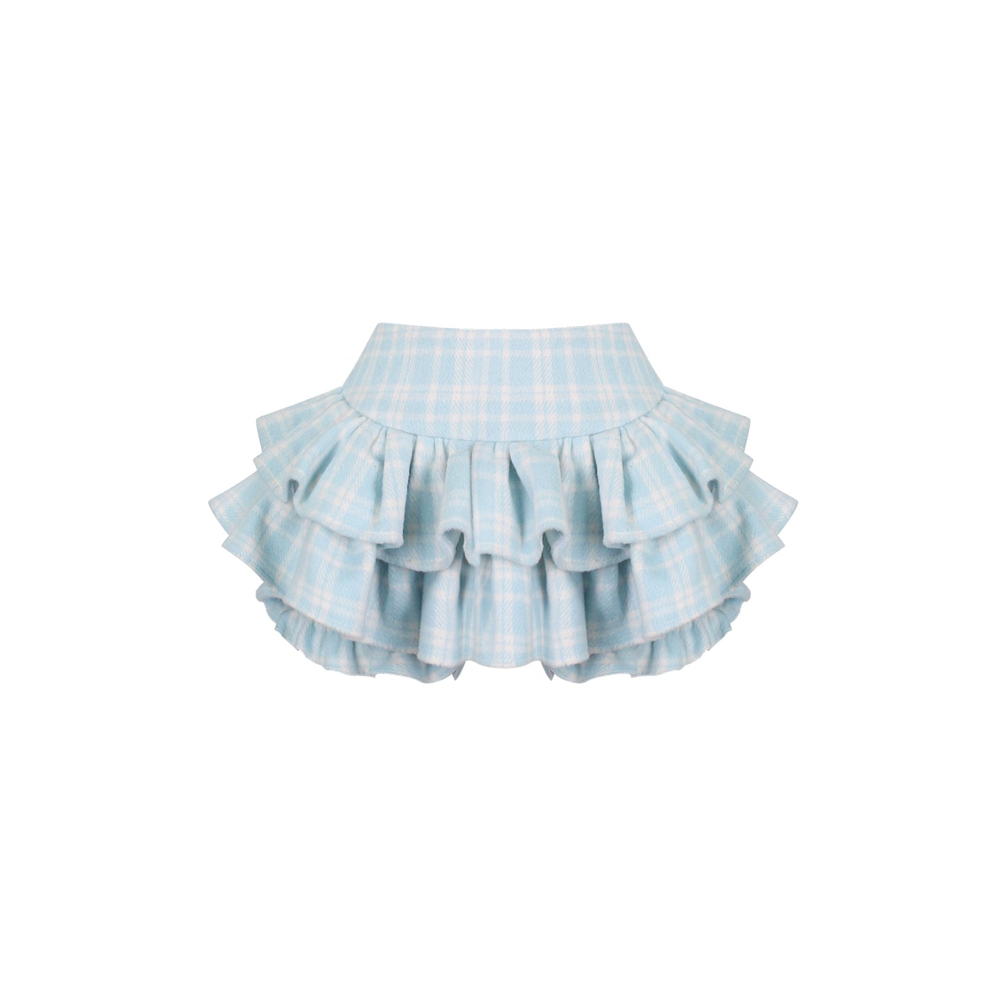 Light blue checkered skirt with ruffled layers on a white background