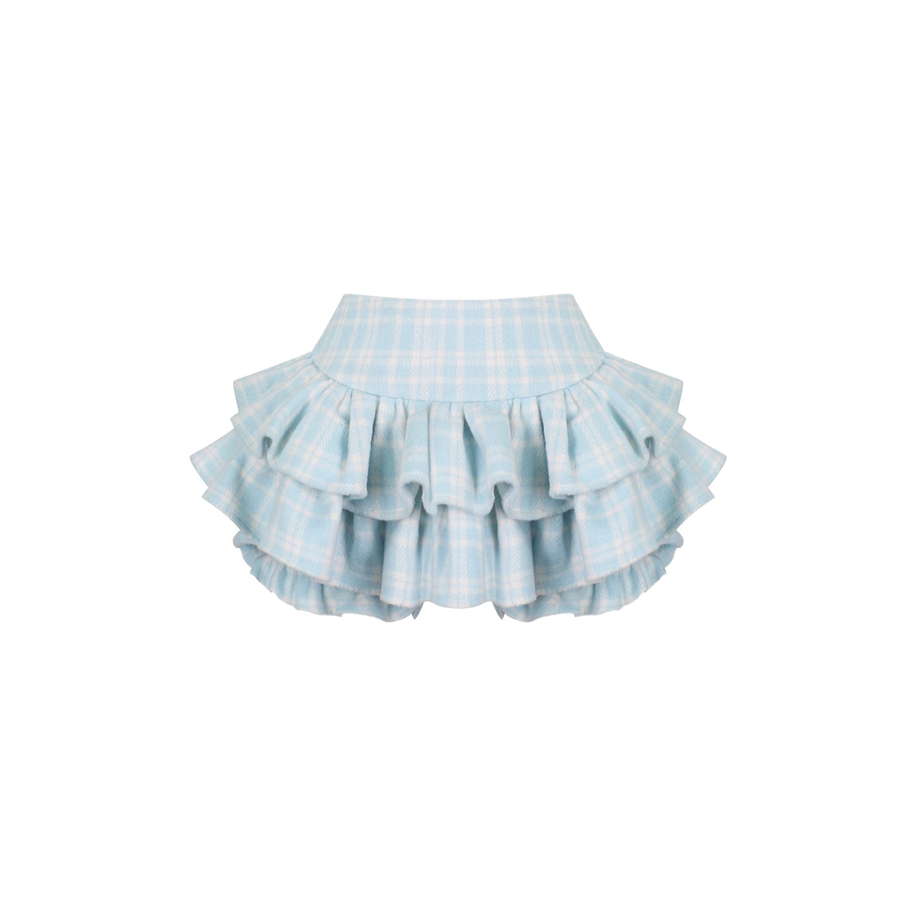 Light blue checkered skirt with ruffled layers on a white background