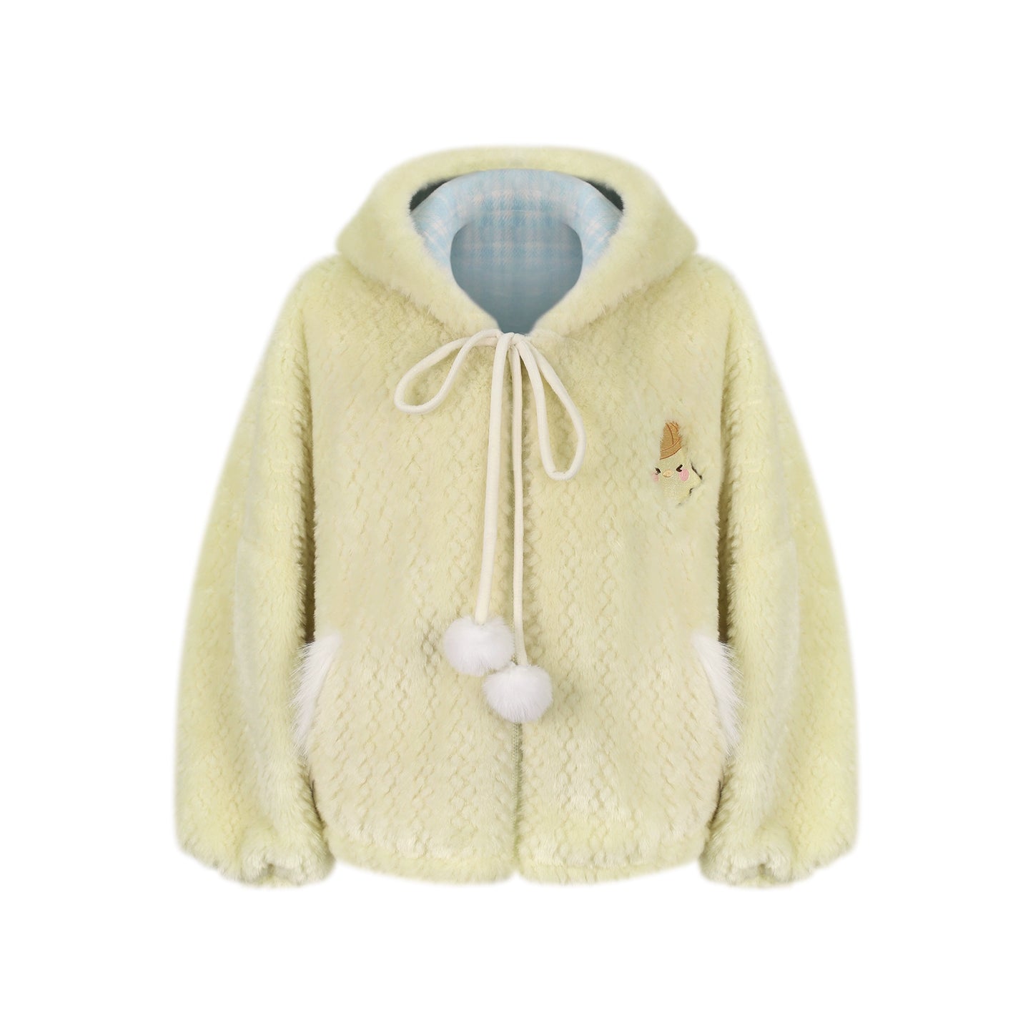 Light yellow fleece hoodie with white drawstrings on a white background