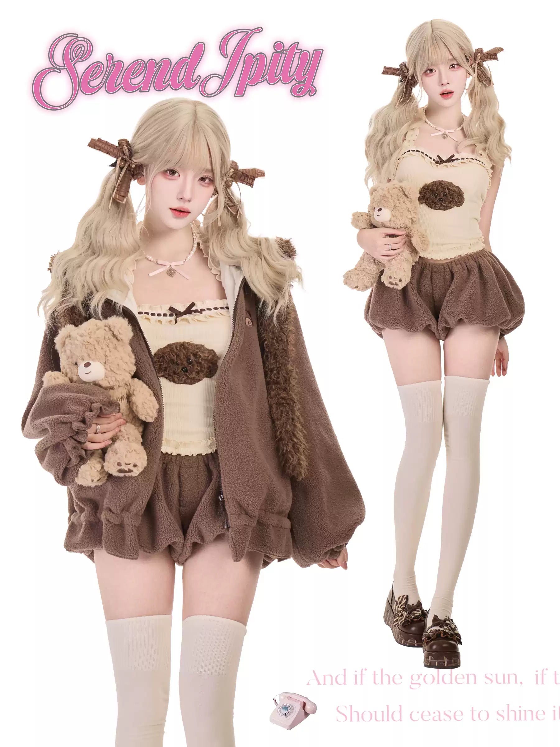 Two women in matching outfits with teddy bears, featuring the brand 'Serendipity'.