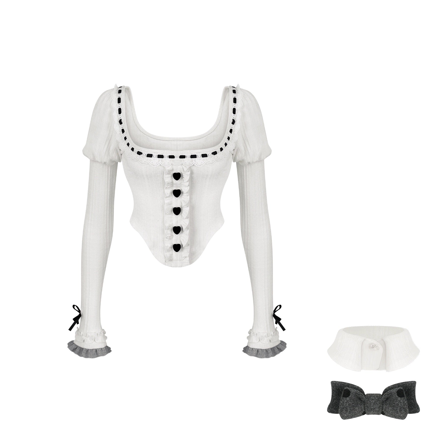 White sweater with black buttons and details on a white background