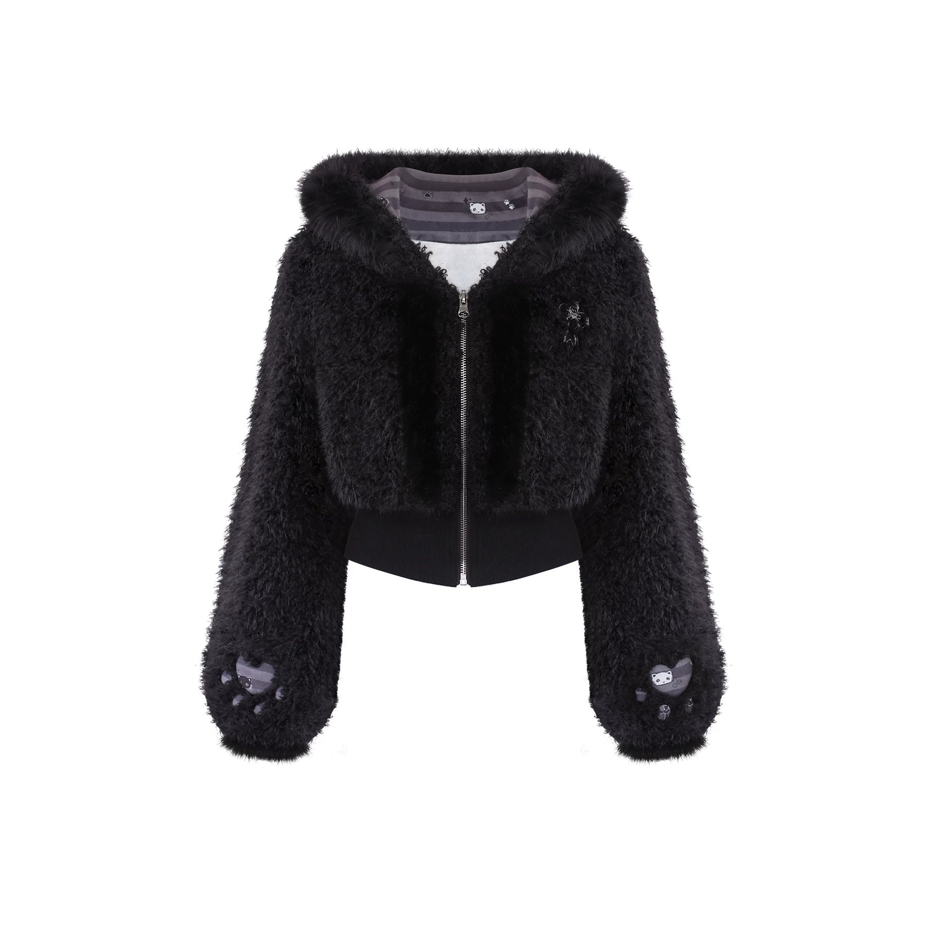 Black fluffy jacket with cat paw details on a white background